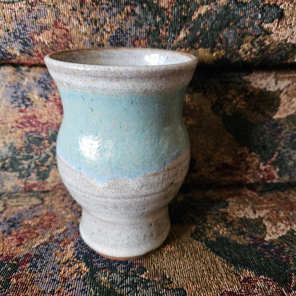 Artisan art ceramic vase, handmade, blue, brown, white glazing, NWOT